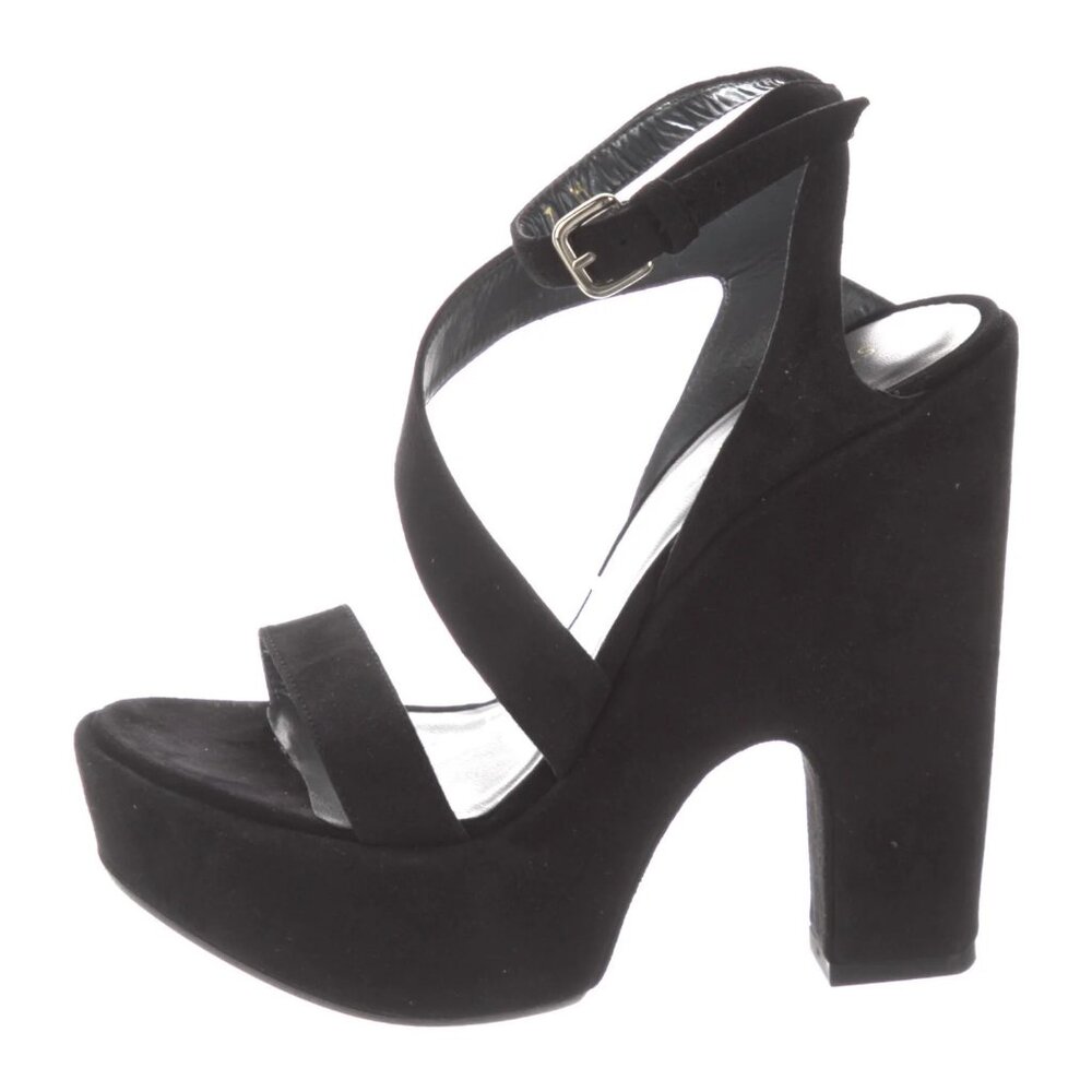 Stuart Weitzman "Saucy" Platform Block Heel Sandals Suede | Black | Size 7